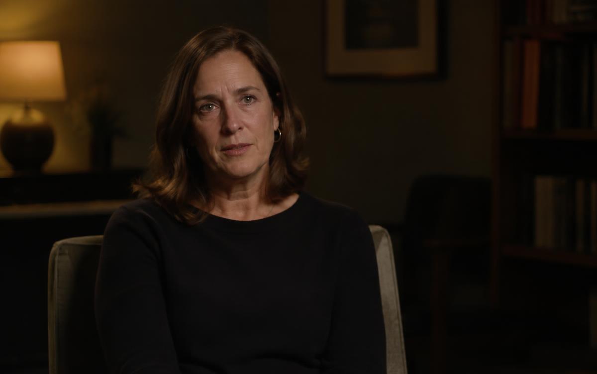 Interview subject seated in a dim, warm-lit room facing the camera