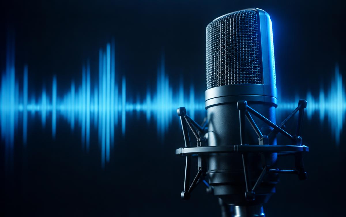 Studio microphone in soft blue rim light with sound waves behind it